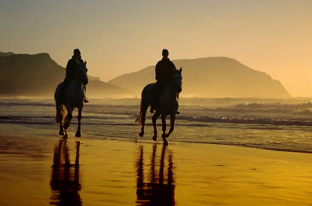 Two riders on horseback along the beach at sunset
